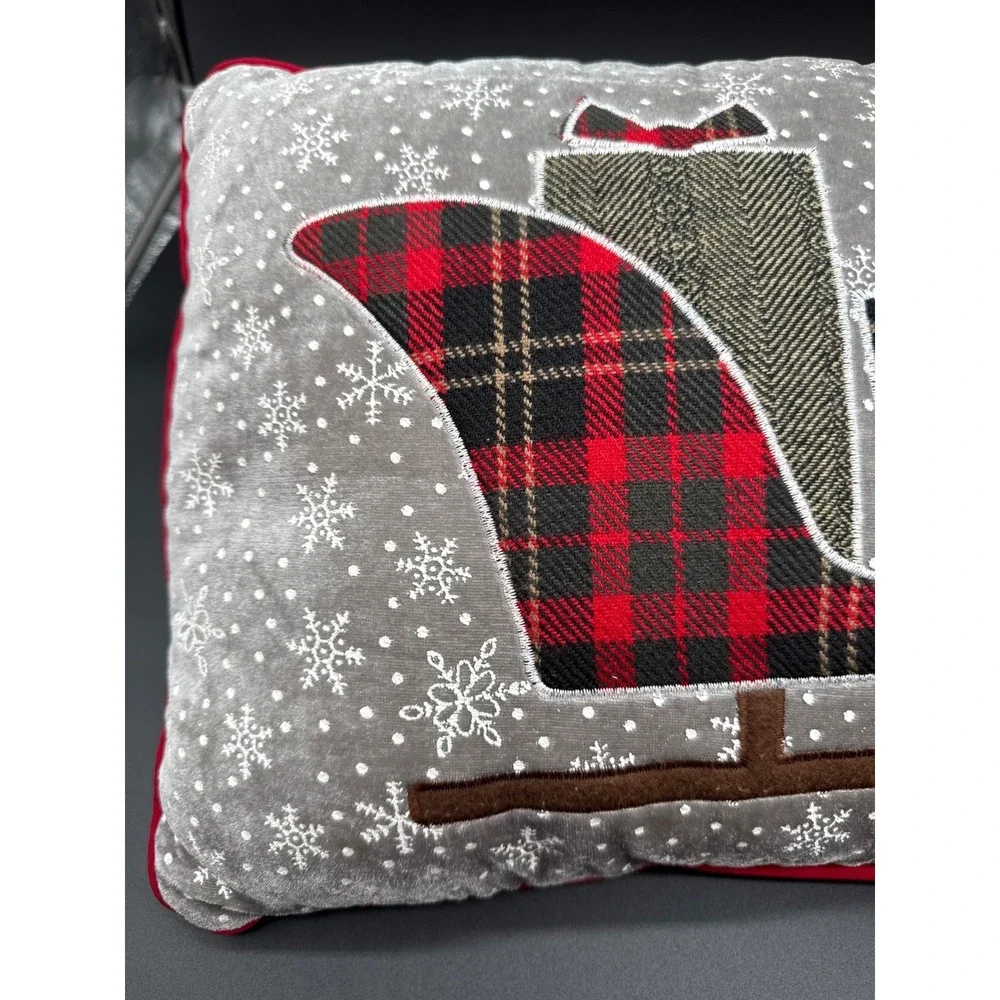 Santa Sleigh and Snowflake Christmas Throw Pillow/Red Trim -Soft Velvet Material
